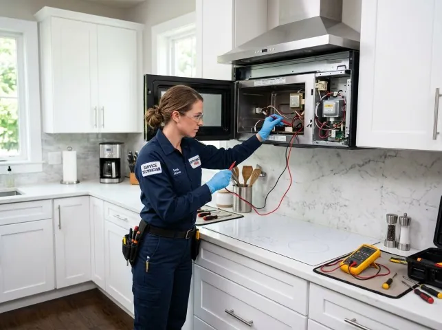 Appliance Repair Hero technician testing an over-the-range microwave in a Belleair Beach, FL kitchen